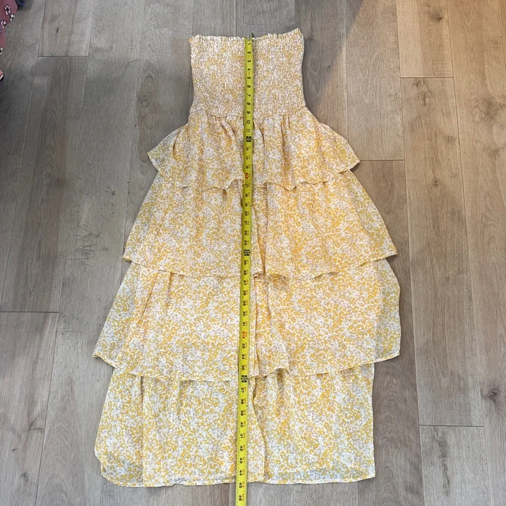 Smocked Flowy Yellow Floral Strapless Maxi Dress - Picture 7 of 8